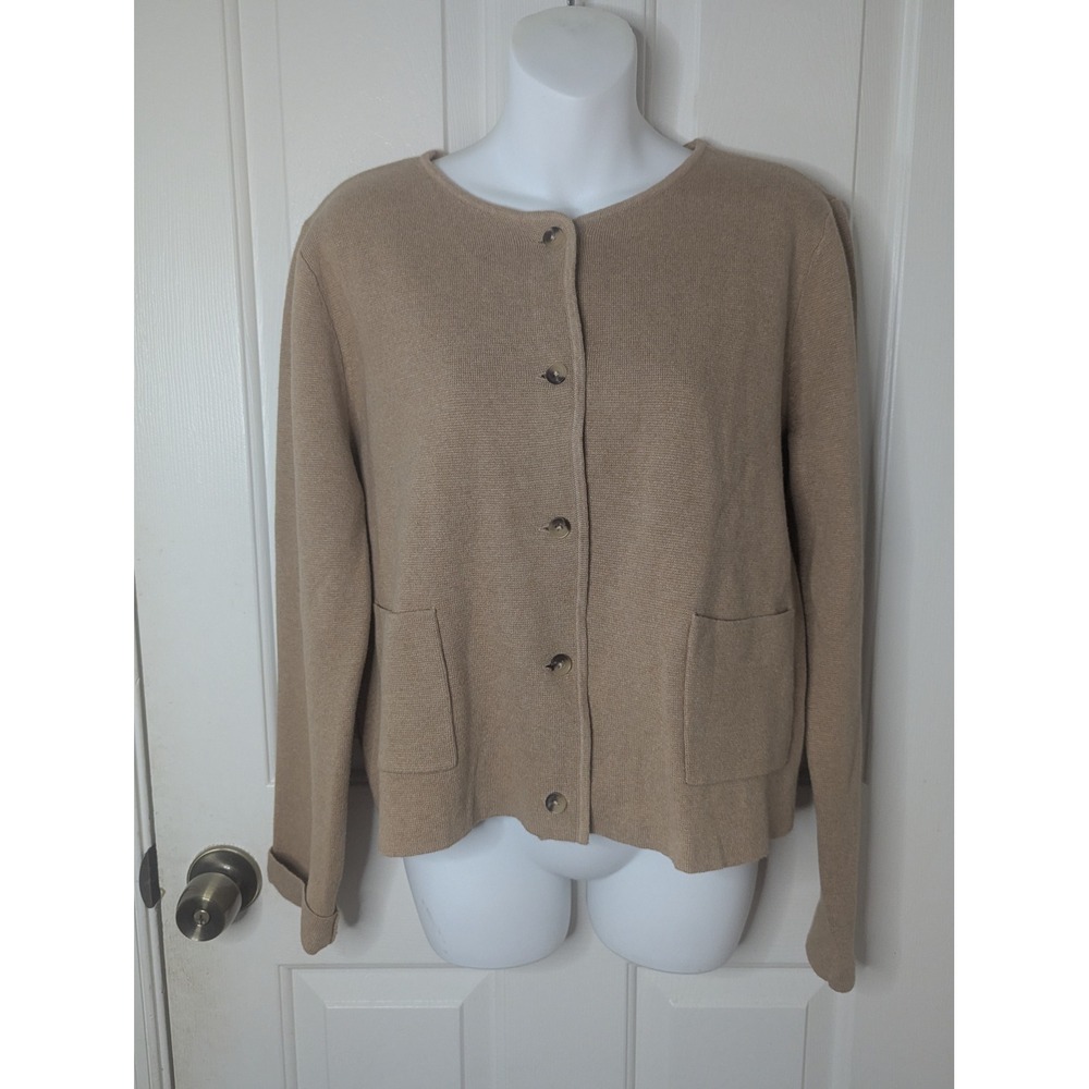 Lands End Womens Medium Tan Cotton Button Front Cardigan Sweater Pockets